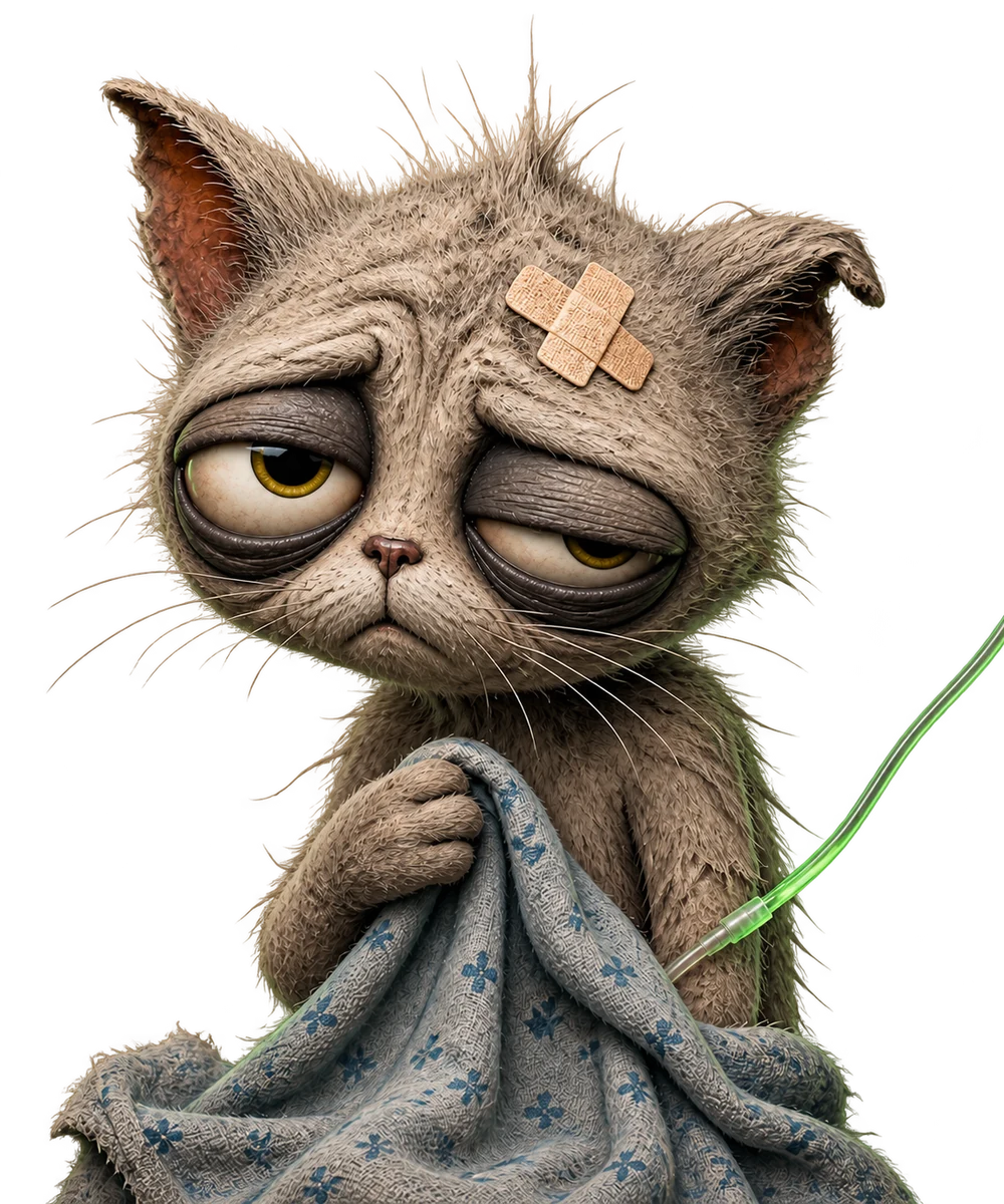 CancerCat, an exhausted grey-beige cat on life support, refusing to sell